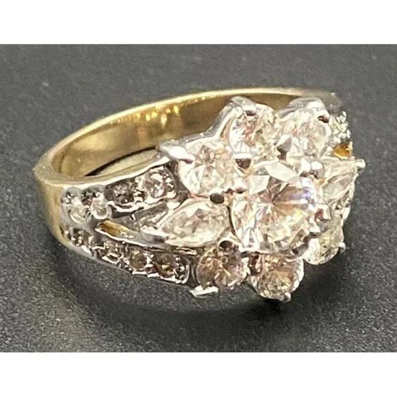 ROMAN Ring Yellow Gold Plated Women's Sz 9 CZ Flower Cluster Tests 10k Plated - Picture 2 of 10